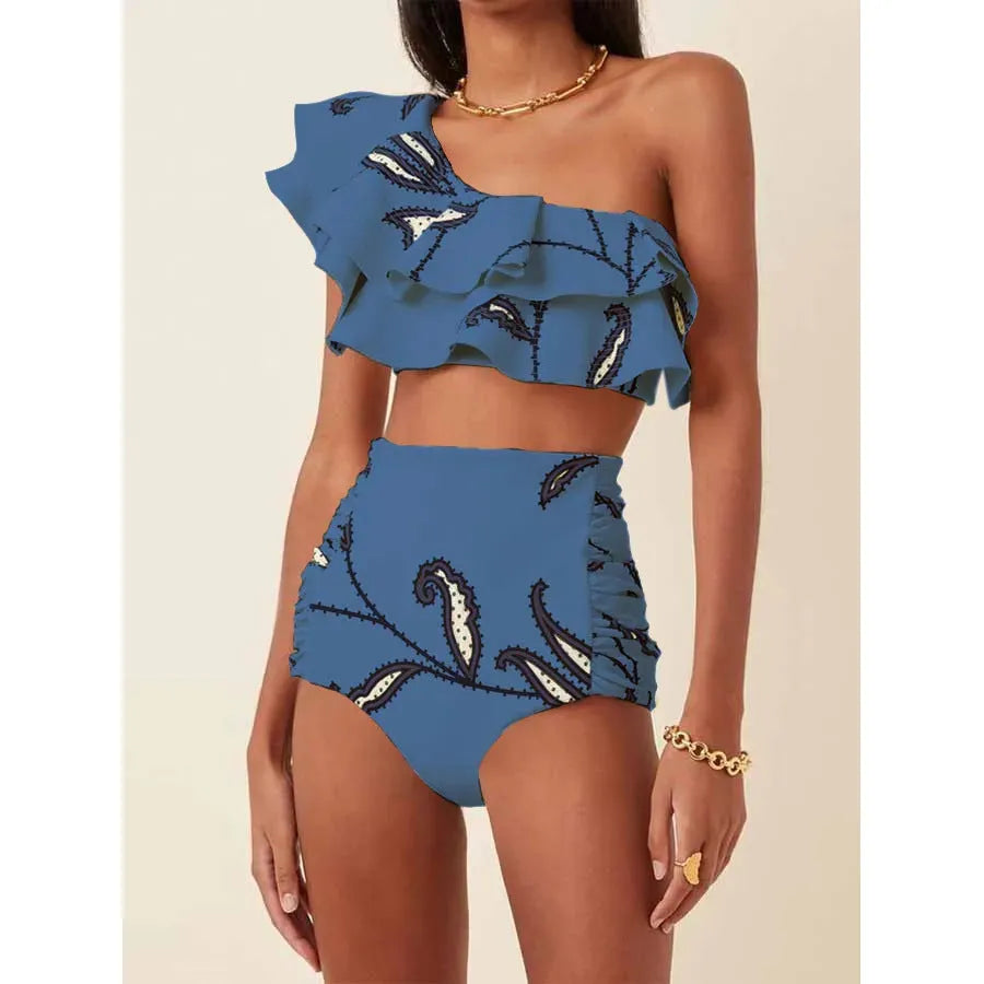 Women's high-waist conservative bikini suit with printed ruffles on oblique shoulders in polyester fabric