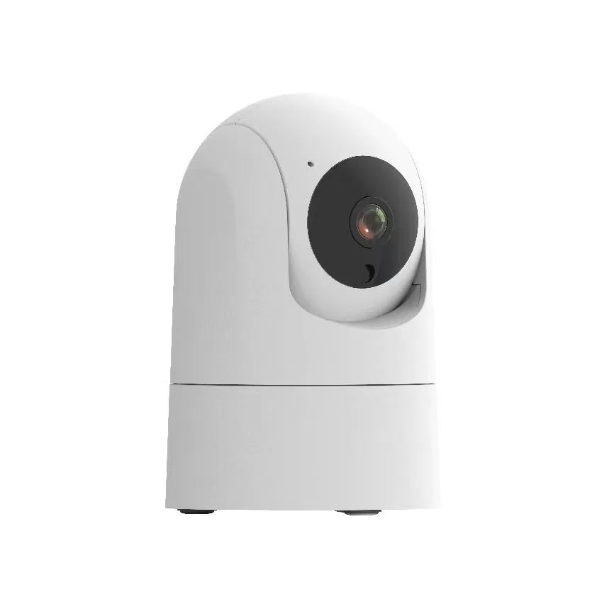 White indoor security camera with wide-angle lens on a shelf, showing compact 80x80x115mm size.