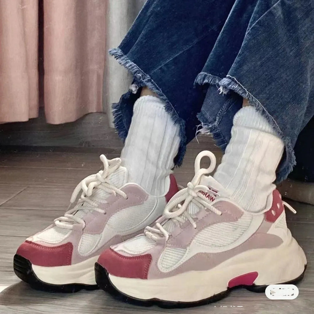 Women's thick-sole height-increasing fashion sneakers in pink with PU upper and lace-up design