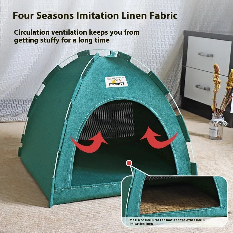 Grey removable washable pet tent bed for cats and small dogs on a wooden floor.