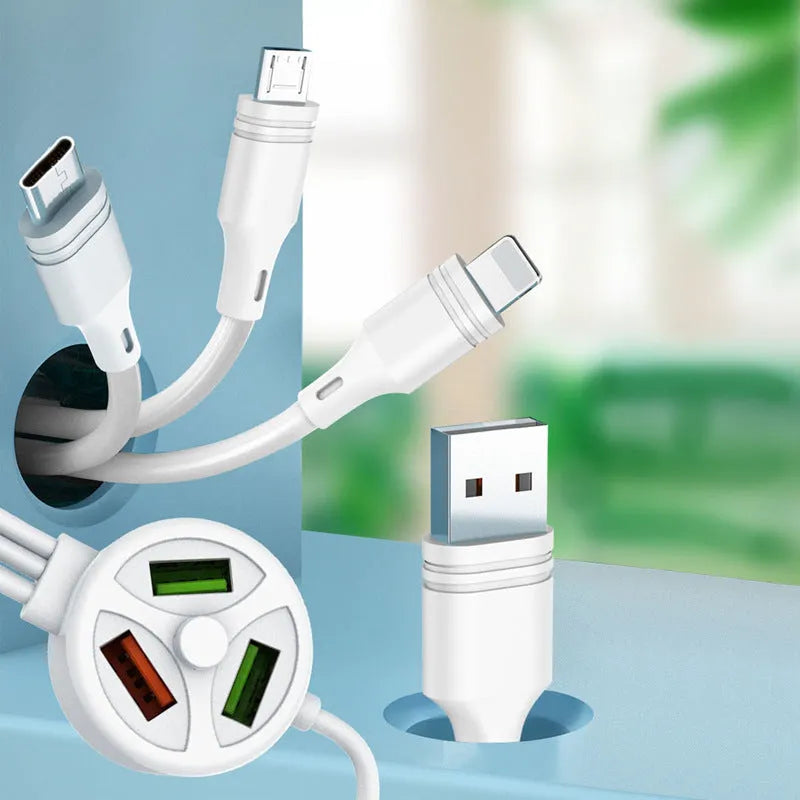 White PD fast charge cable with USB-A plug and three connectors: TYPE-C, Micro USB, and Mini USB.