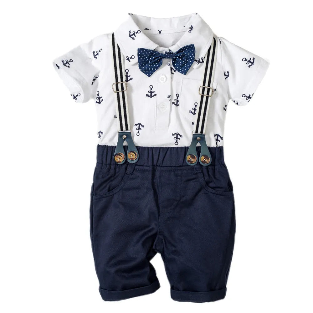 Baby boy cotton romper with triangle climbing design in blue or white colours