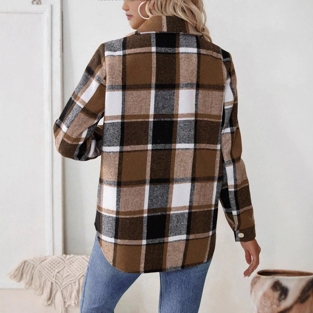Woolen woven plaid button shirt collar jacket top in brown – Asian size S to XL, polyester fabric, pocket, Japanese Korean casual style