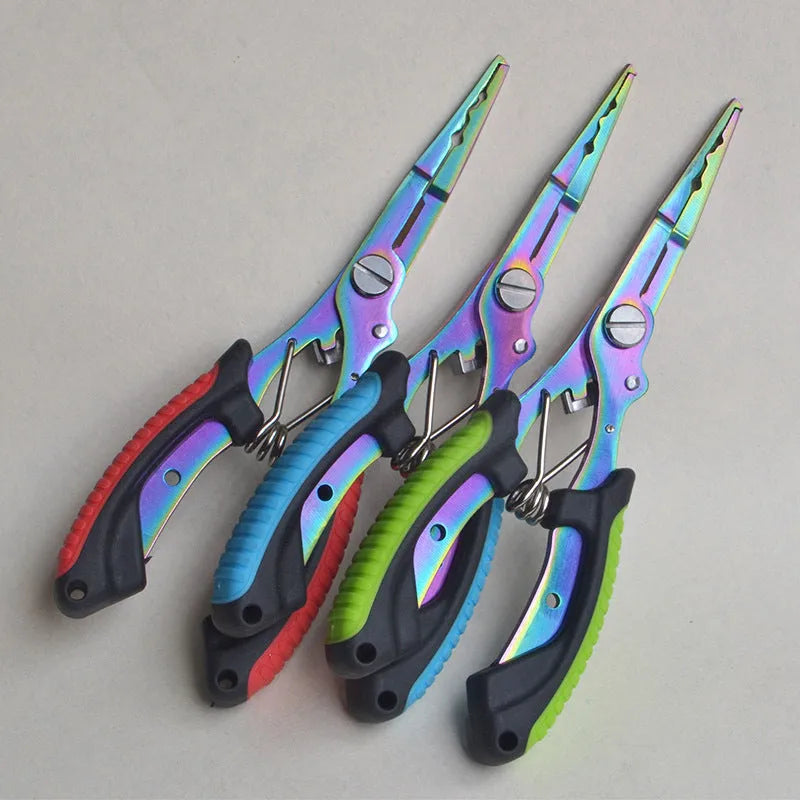 Medium-sized steel fishing pliers with coloured plastic handles and a nylon storage bag with strap.