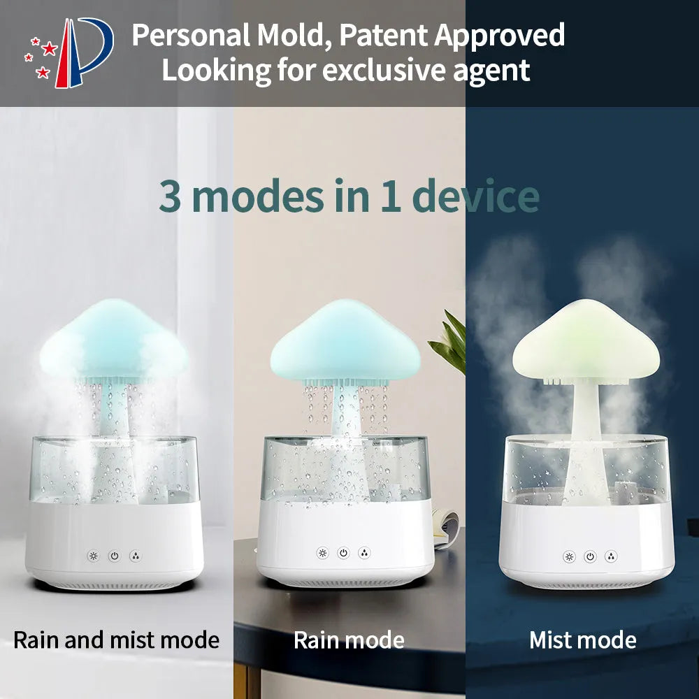 2-in-1 desk humidifier with raining cloud night light and essential oil diffuser in wood grain or white colour