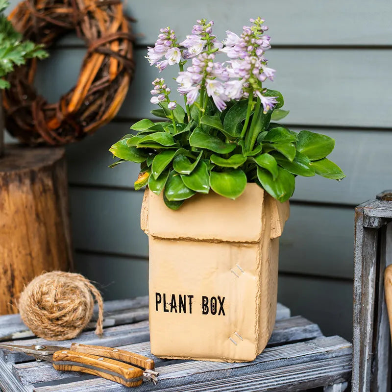 Cement flowerpot in Nordic style with bottom drainage holes on a floor