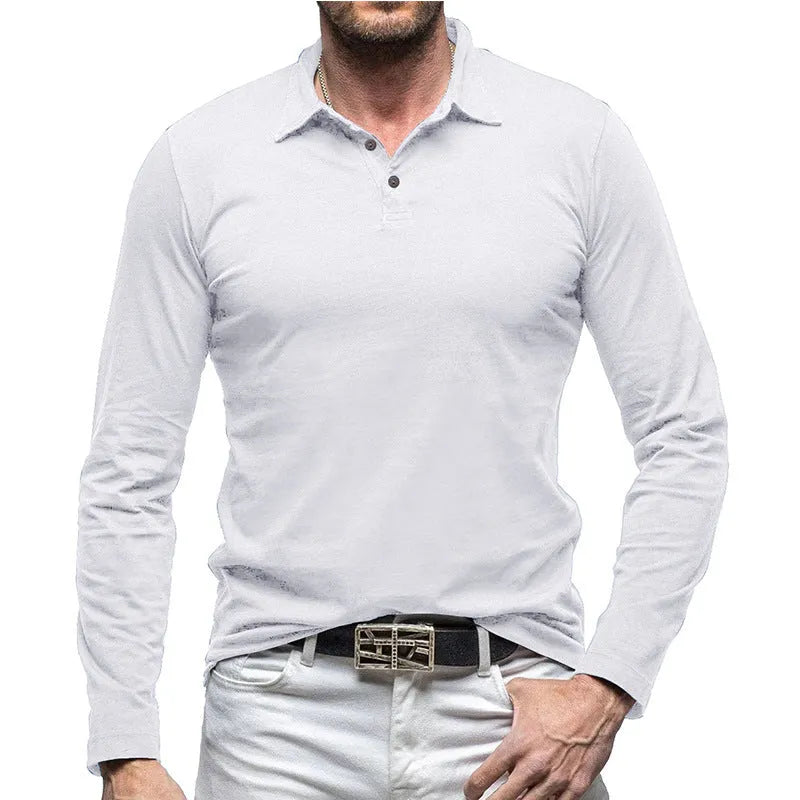 Men's long sleeve cotton polo collar t-shirt in American retro style, shown in dark grey.