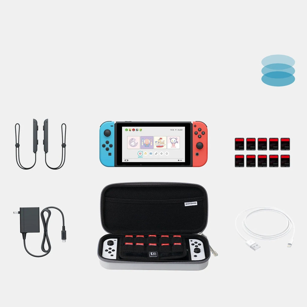 Grey Nintendo Switch carrying case showing multi-game cartridge storage compartments