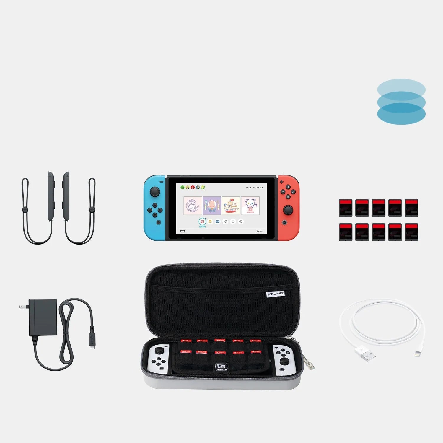 Grey Nintendo Switch carrying case showing multi-game cartridge storage compartments