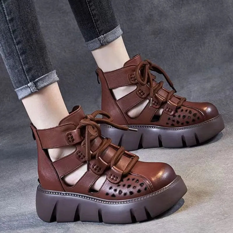 Women's platform sandals with hollow hole design in soft cowhide leather, showing fish mouth toe shape