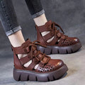 Women's platform sandals with hollow hole design in soft cowhide leather, showing fish mouth toe shape