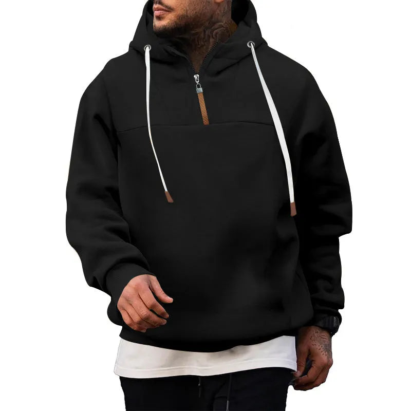 Men's zip-up hooded sweatshirt in solid colour, slim fit, with wool lining and 3D patch pocket, available in black