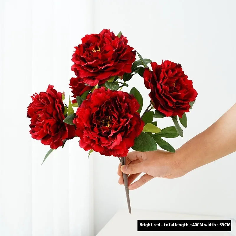 Artificial peony 5-head bouquet in light champagne, 40cm tall silk flower arrangement
