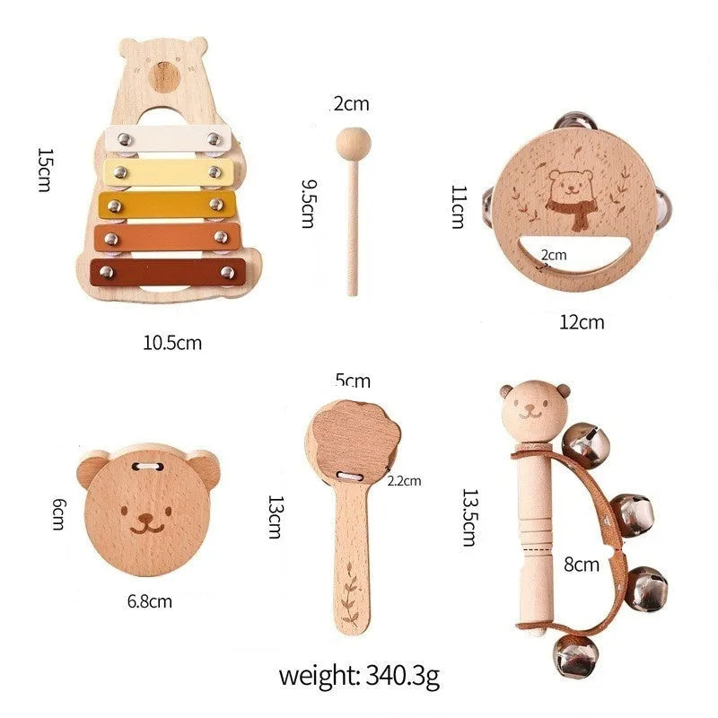 Wooden Orff instrument set for young children including percussion pieces like ringdrum and soundboard