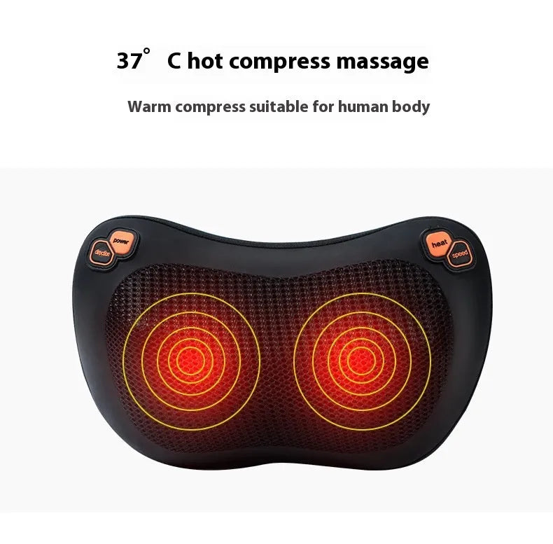 Smart shoulder neck massager pillow with genuine leather fabric, showing 8 massage heads, available in black and brown colours