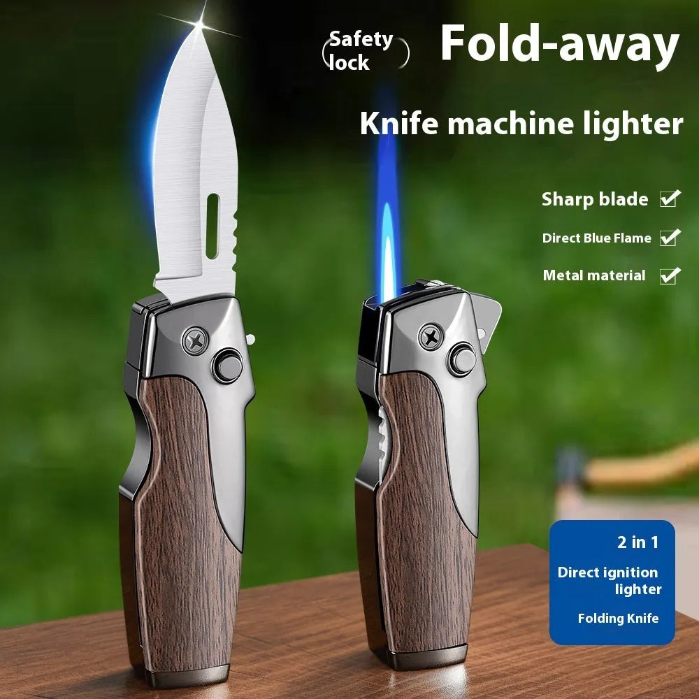 Zinc alloy metal folding lighter with straight jet flame and integrated knife in multiple finish options