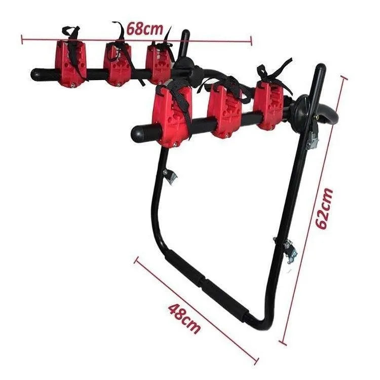 Black and red trunk-mounted car bicycle rack with adjustable straps and foam padding.