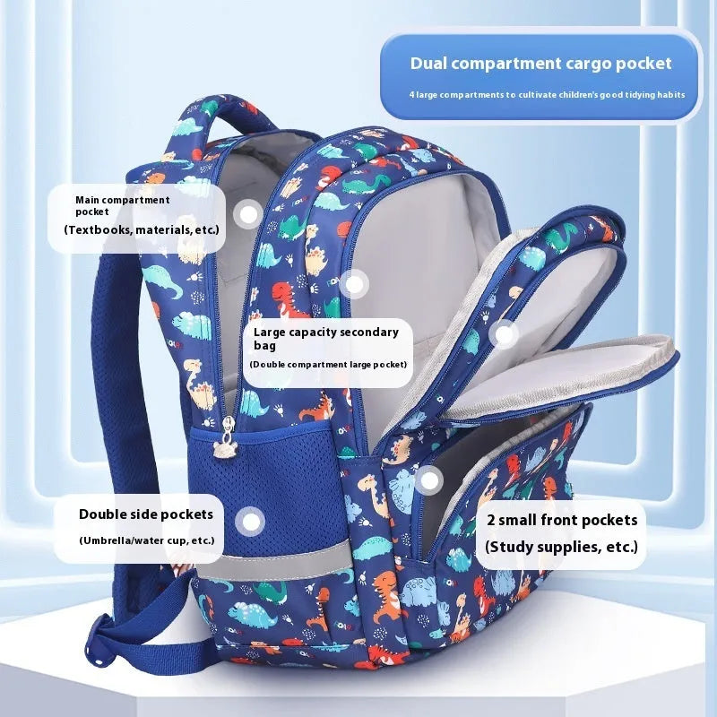 Blue children's waterproof school backpack with dinosaur pattern and curved shoulder straps.