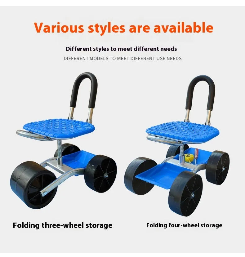 Folding garden mobile seat on wheels with galvanized pipe frame, shown in outdoor setting