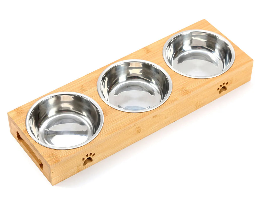 Solid wood pet dining table with stainless steel bowls in pine or bamboo finish