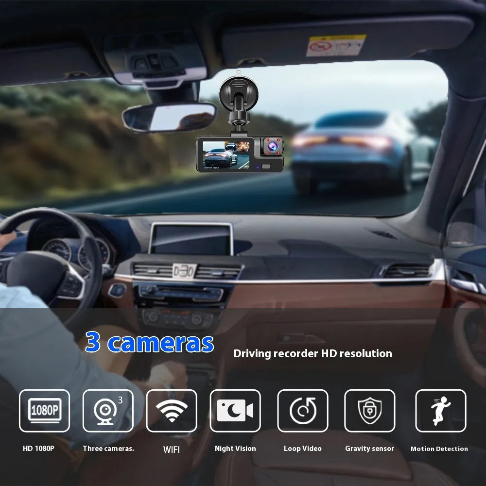 Black front and rear Wi-Fi car dash cam with 2.0 inch screen mounted on windscreen, showing rear camera feed.