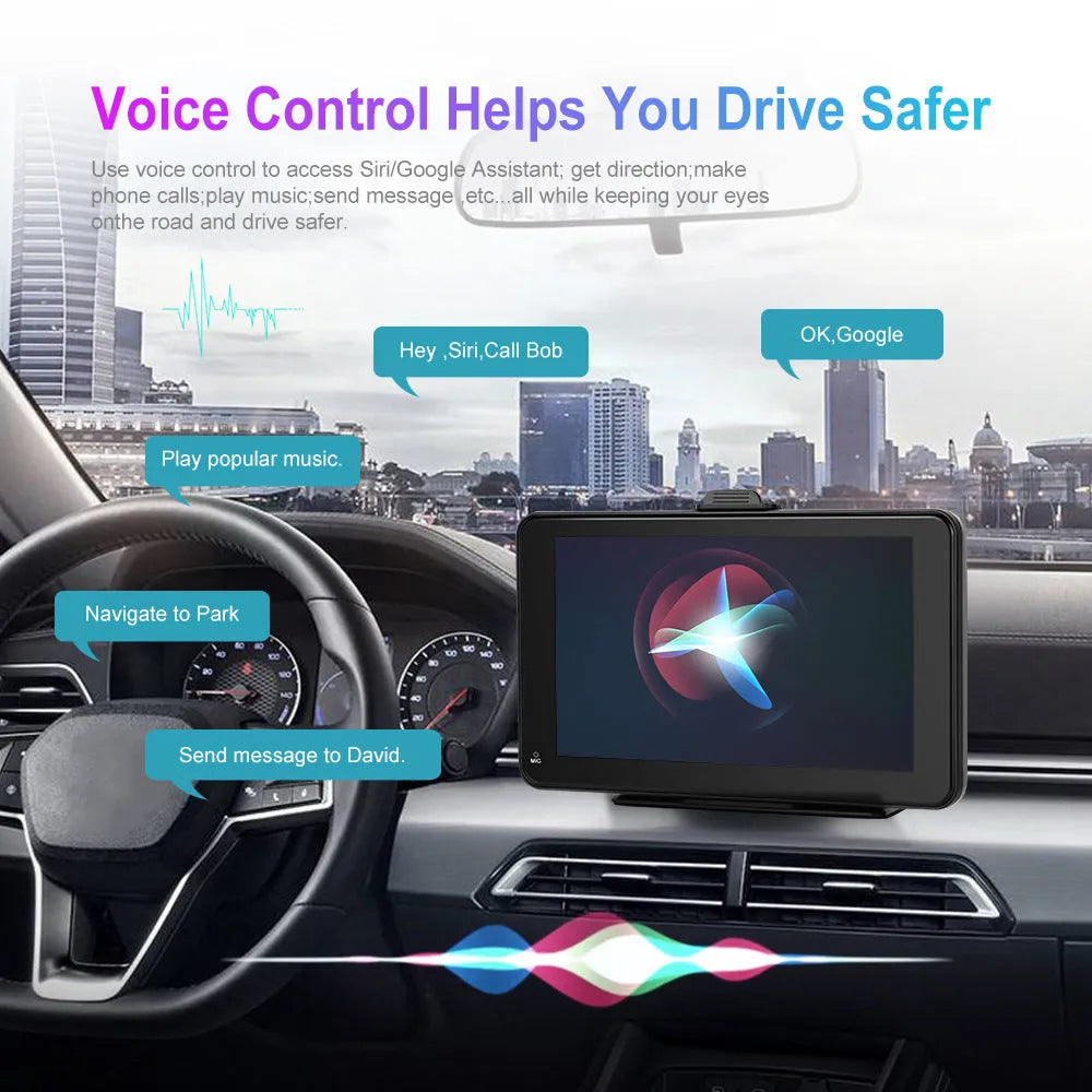 7-inch HD wired wireless media player with universal mounting supports on a dashboard