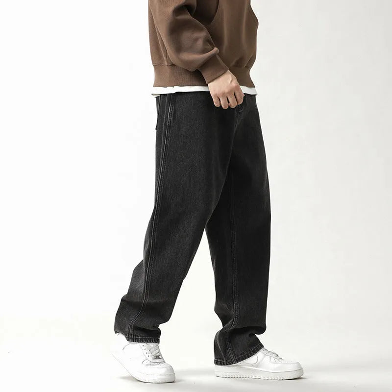 Men's loose fit plus size jeans in black and gray denim, mid waist, sizes 28-42
