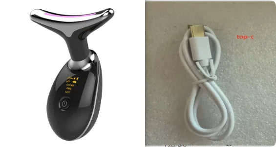 Black silver EMS thermal neck massager with LED lights for facial firming and wrinkle reduction