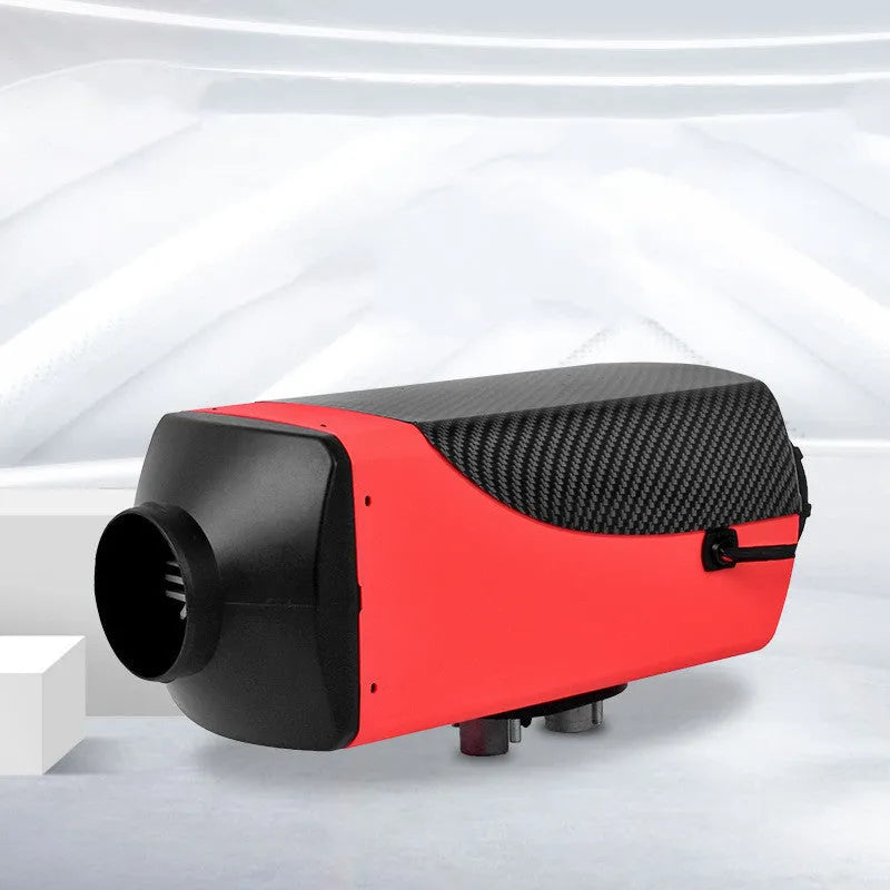 Red and black diesel air heater unit with fuel tank, pipes, and installation kit for trucks and motorhomes.