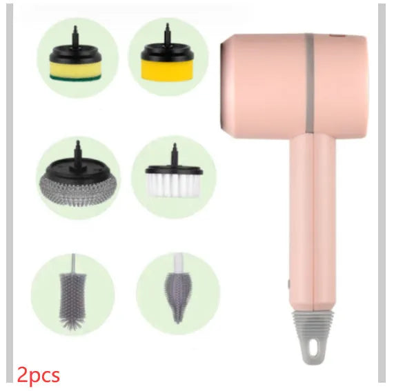 Green electric cleaning brush with three interchangeable scouring pad, brush, and sponge heads on a white background.