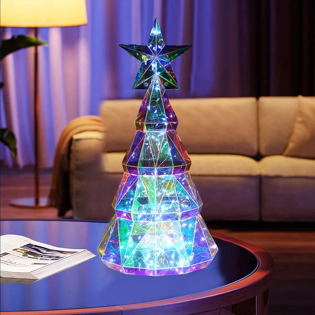 Colourful cartoon-style Christmas tree light decoration measuring 20cm high on a table.