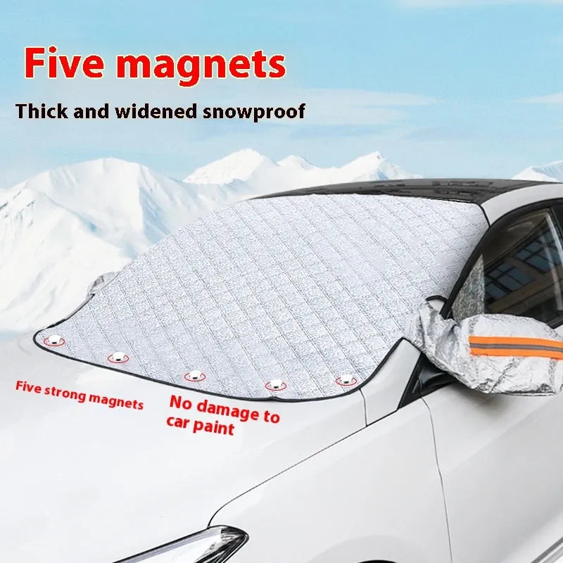 Aluminium foil winter car cover for SUV front windshield with reflective stripes and five magnets