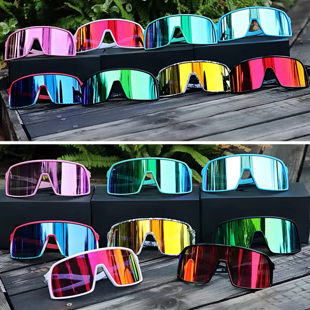 Windproof cycling sunglasses with black PC frame and grey lenses on a white background