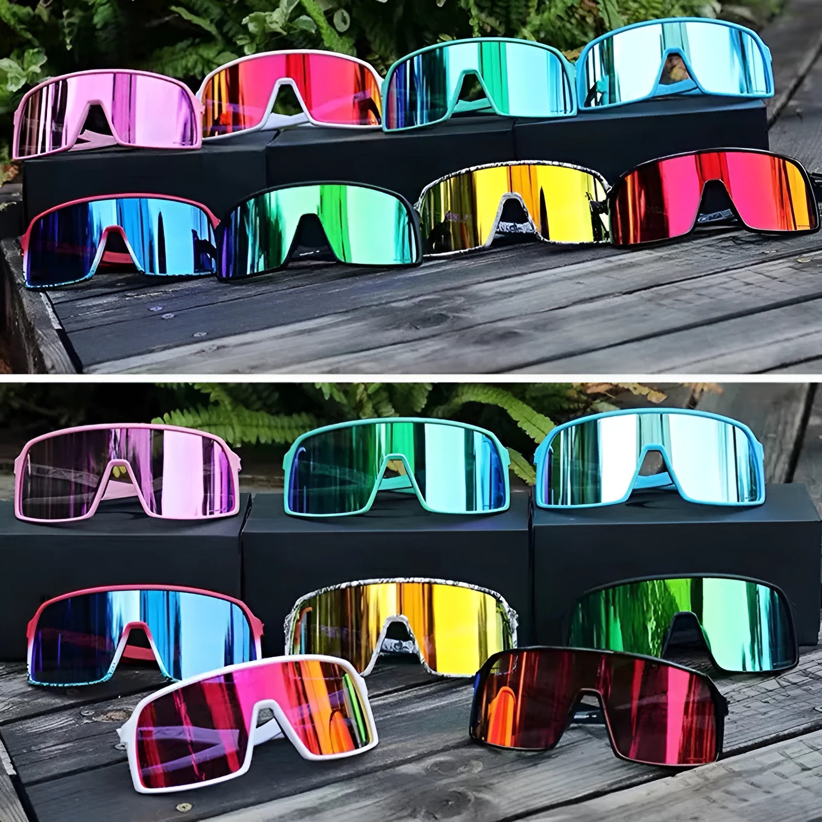 Windproof cycling sunglasses with black PC frame and grey lenses on a white background