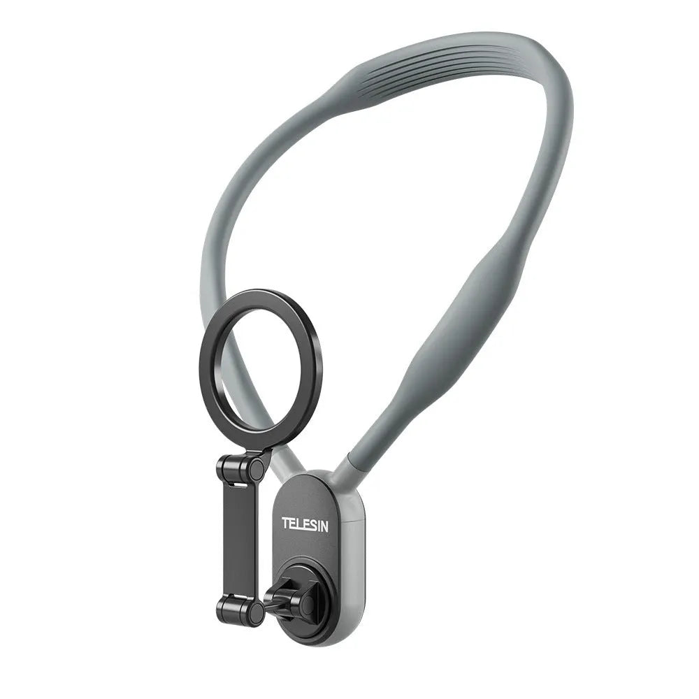 Grey silicone magnetic phone neck mount with aluminium strip and quick release magnetic plate