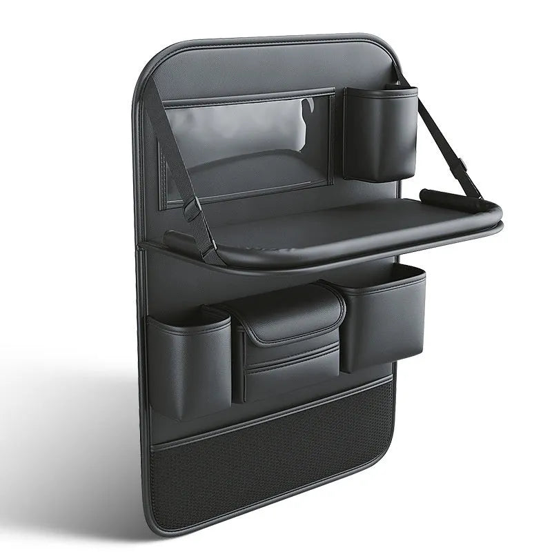 Waterproof leather car seat storage bag with foldable dining table in obsidian black colour