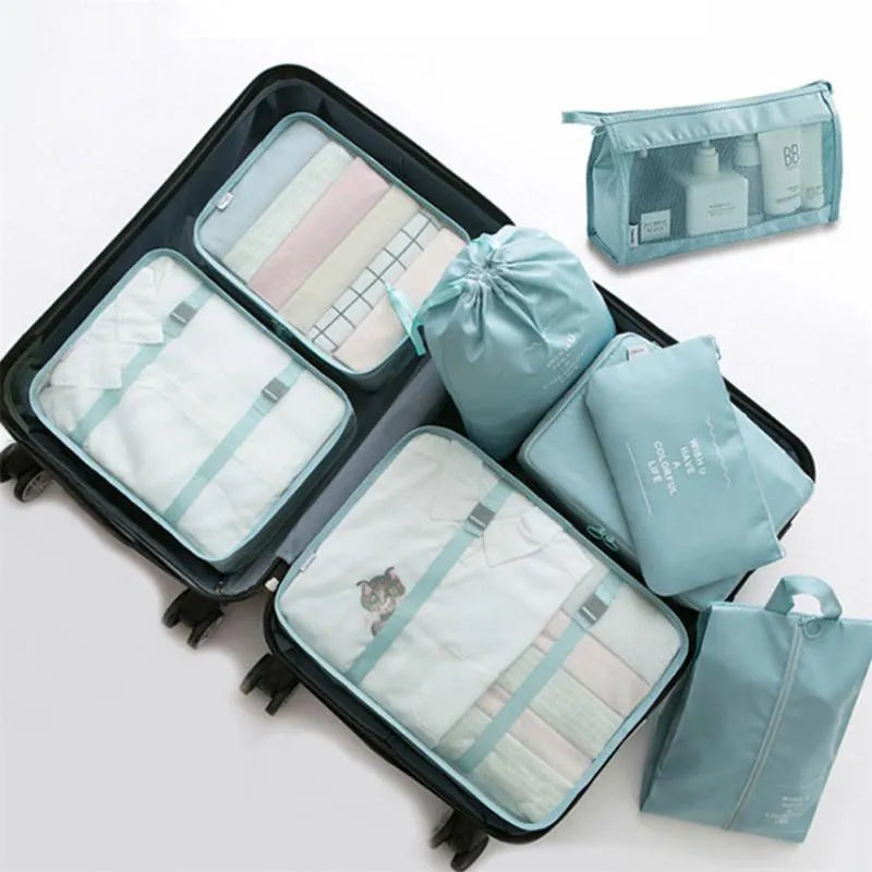 8-piece nylon packing cube set in beige, black, bright blue, gray, Korea Lan, pink, and navy colours for travel organisation