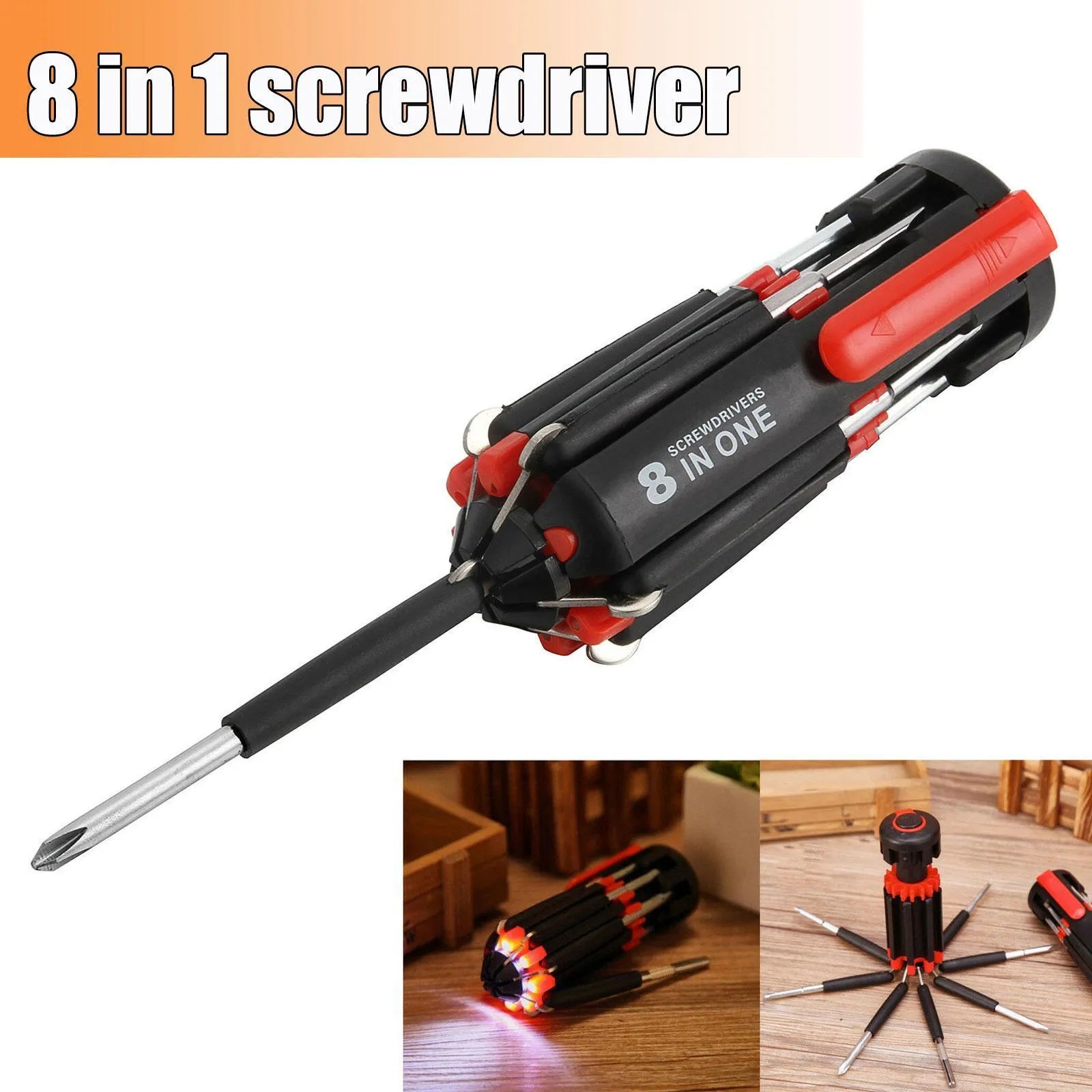 8-in-1 screwdriver with LED flashlight, magnetic bits, and stainless steel body on a workbench