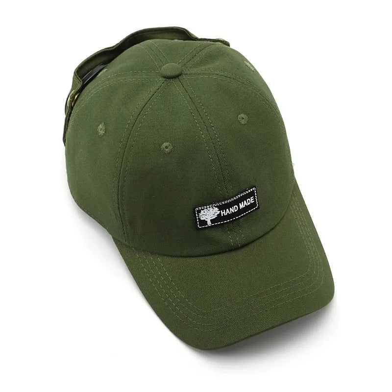 Cotton peaked cap with personalised letter design in black, creamy white, yellow, Army Green for outdoor sunshade