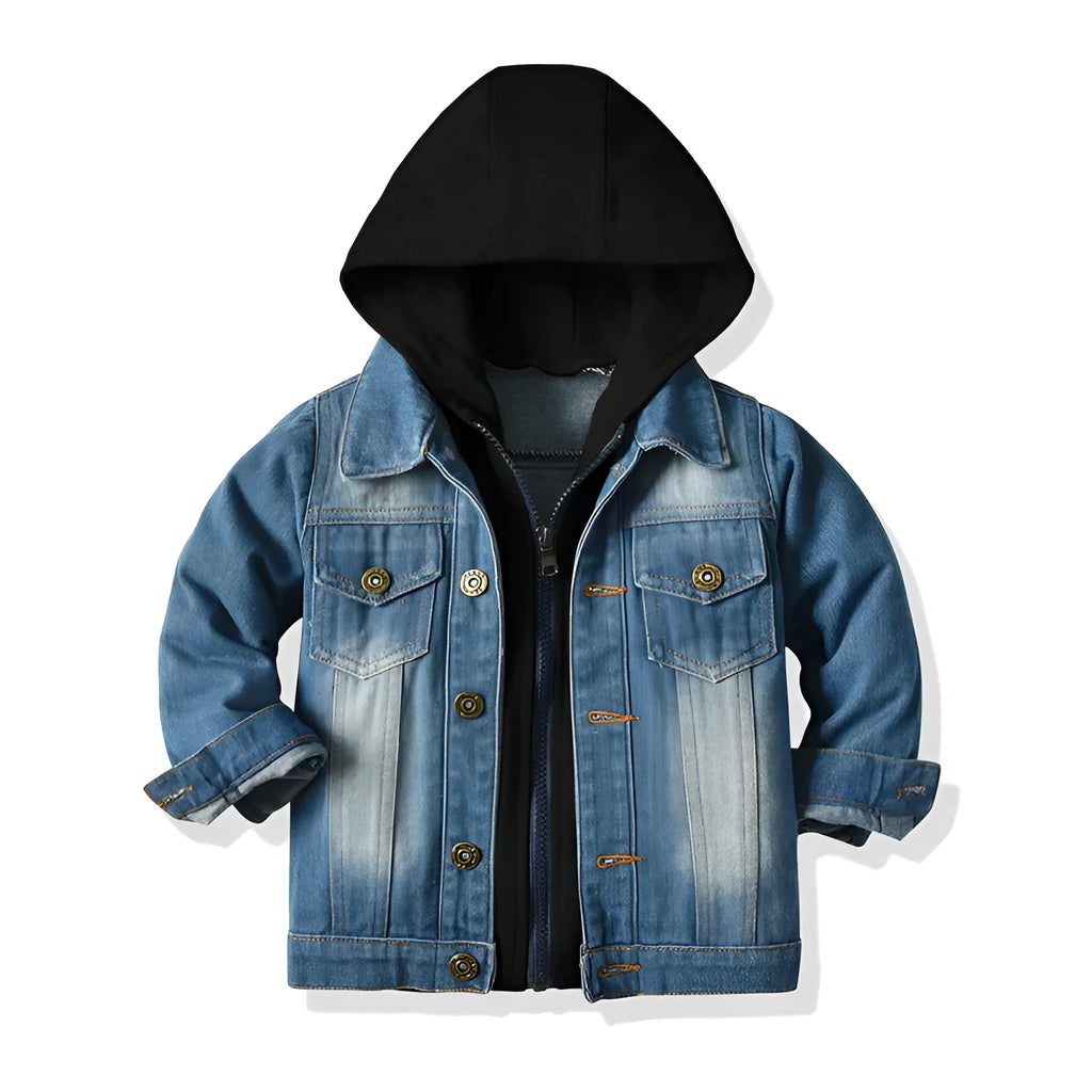 Grey children's hooded denim-style jacket with lapel collar on a hanger