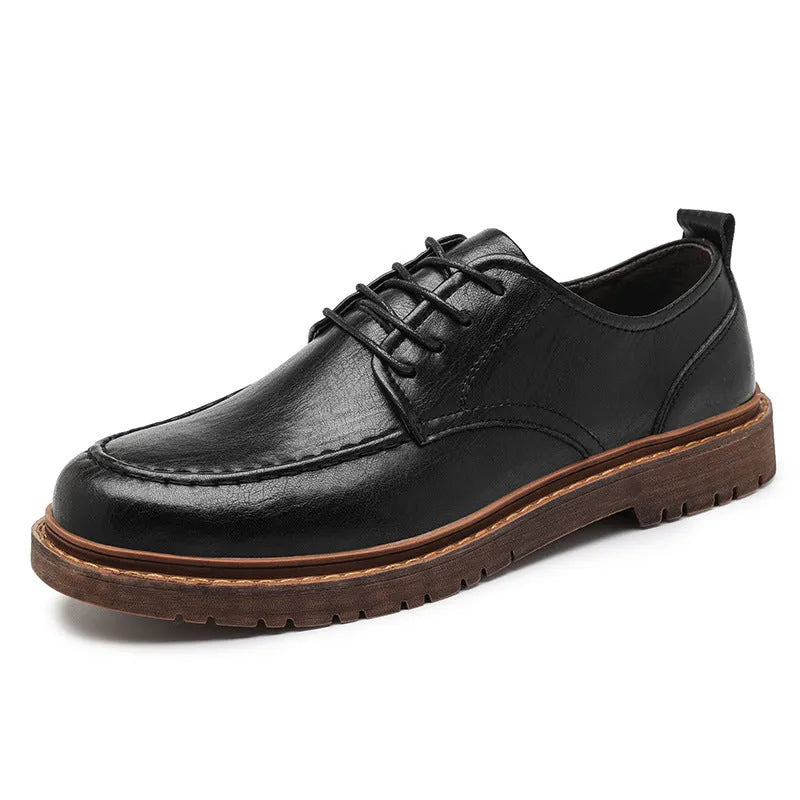 Men's black and brown casual leather shoes with two-layer cowhide uppers and rubber soles