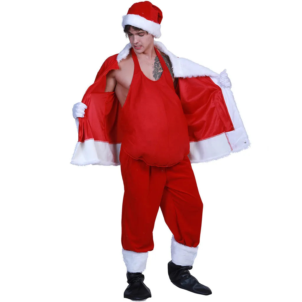 Christmas stage costume set with white top and Santa Claus belly piece for men and women
