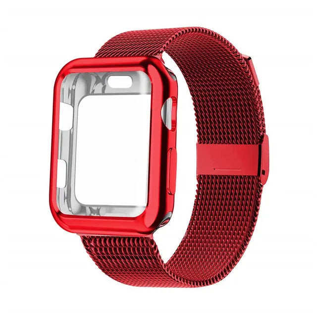 Magnetic Milanese loop metal strap for Apple Watch in silver, shown attached to a watch.