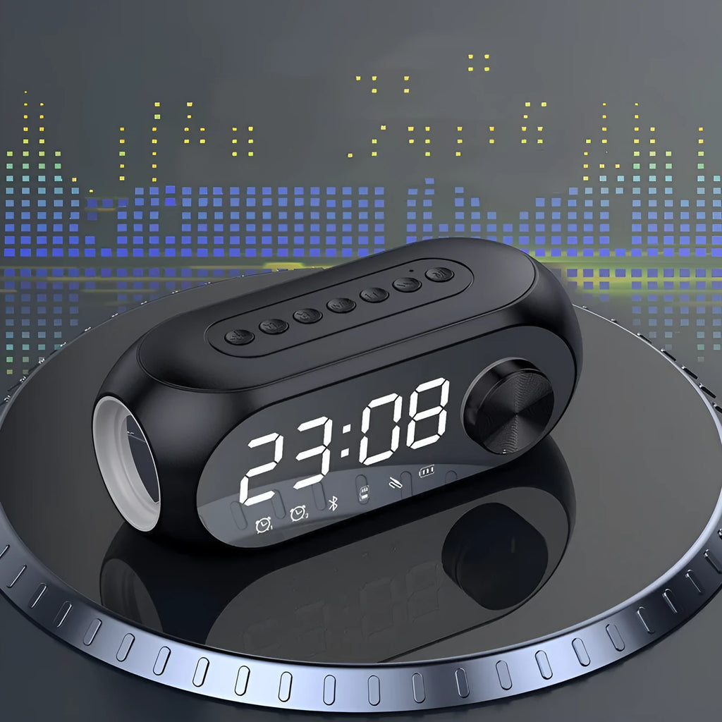 Extra Bass Portable Mini Clock Household Speaker in S8 Black colour with USB cable.
