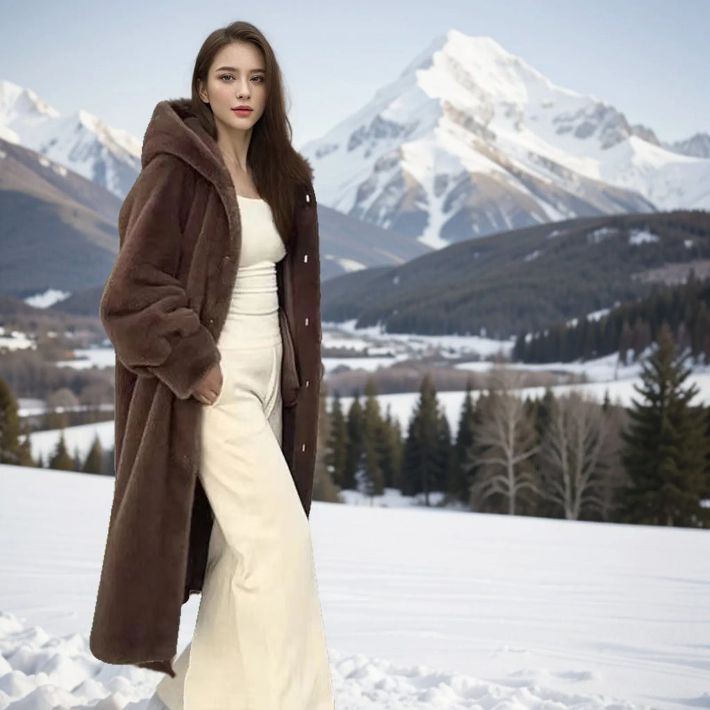 Long brown leopard print faux fur coat on a plus-size model, showing its 100cm length and loose fit.