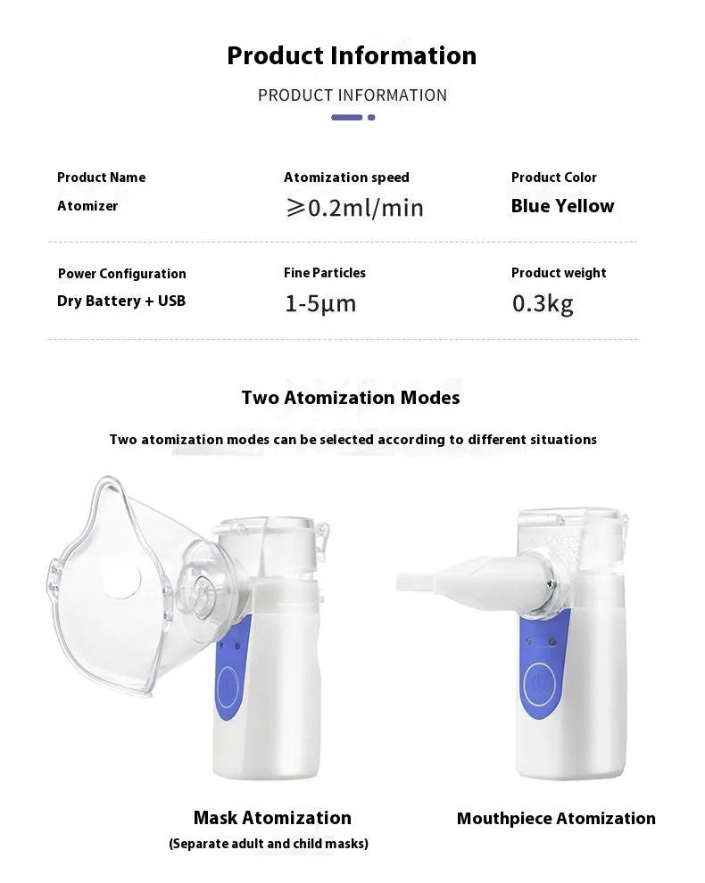 Handheld column-shaped USB nebuliser spray machine with water tank for household and children's use.