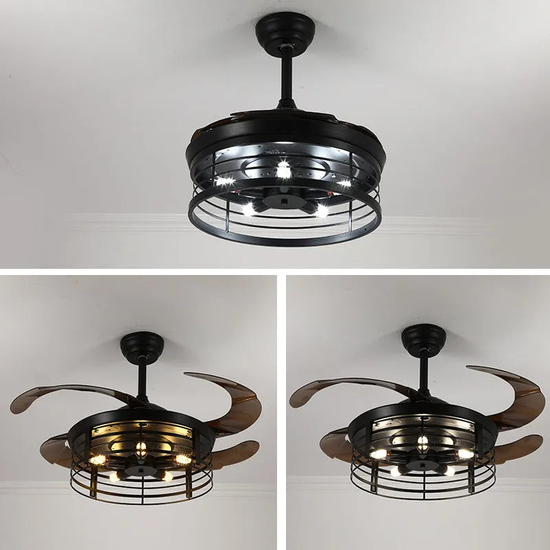 American retro style ceiling fan lamp with remote control on a white background, showing acrylic shade and concealed blades.