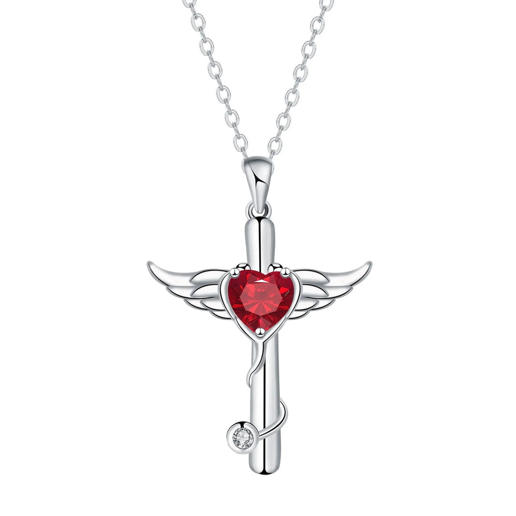 Cross stethoscope necklace with wings pendant in electroplated copper with White Diamond or Red Diamond finish