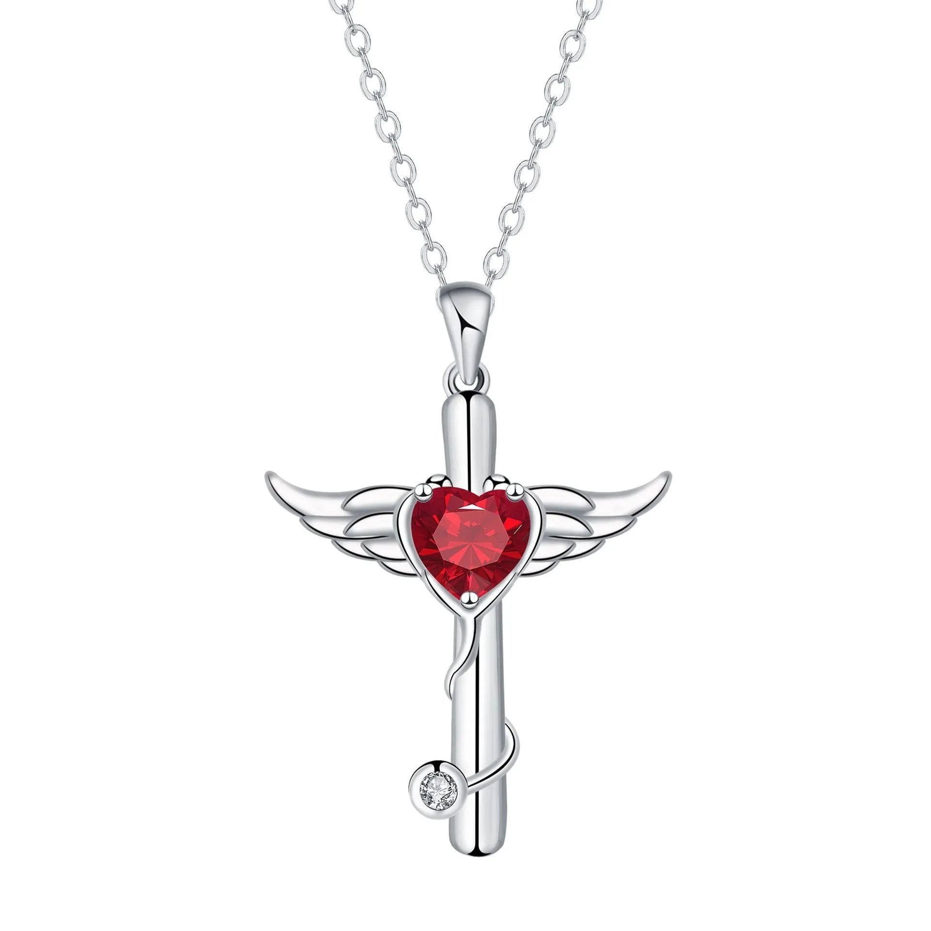 Cross stethoscope necklace with wings pendant in electroplated copper with White Diamond or Red Diamond finish