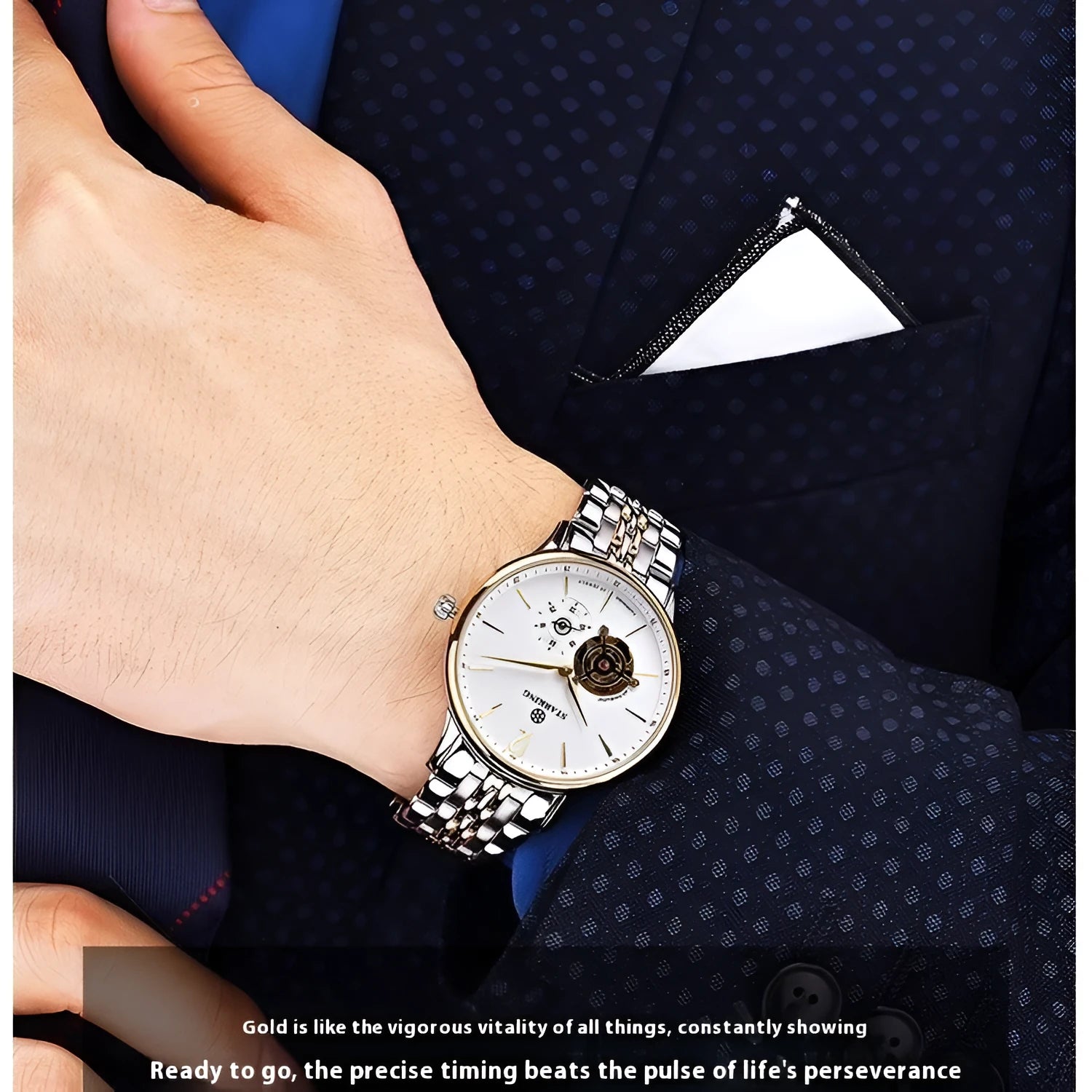 Men's automatic mechanical watch with brown leather strap, white dial, and stainless steel case.